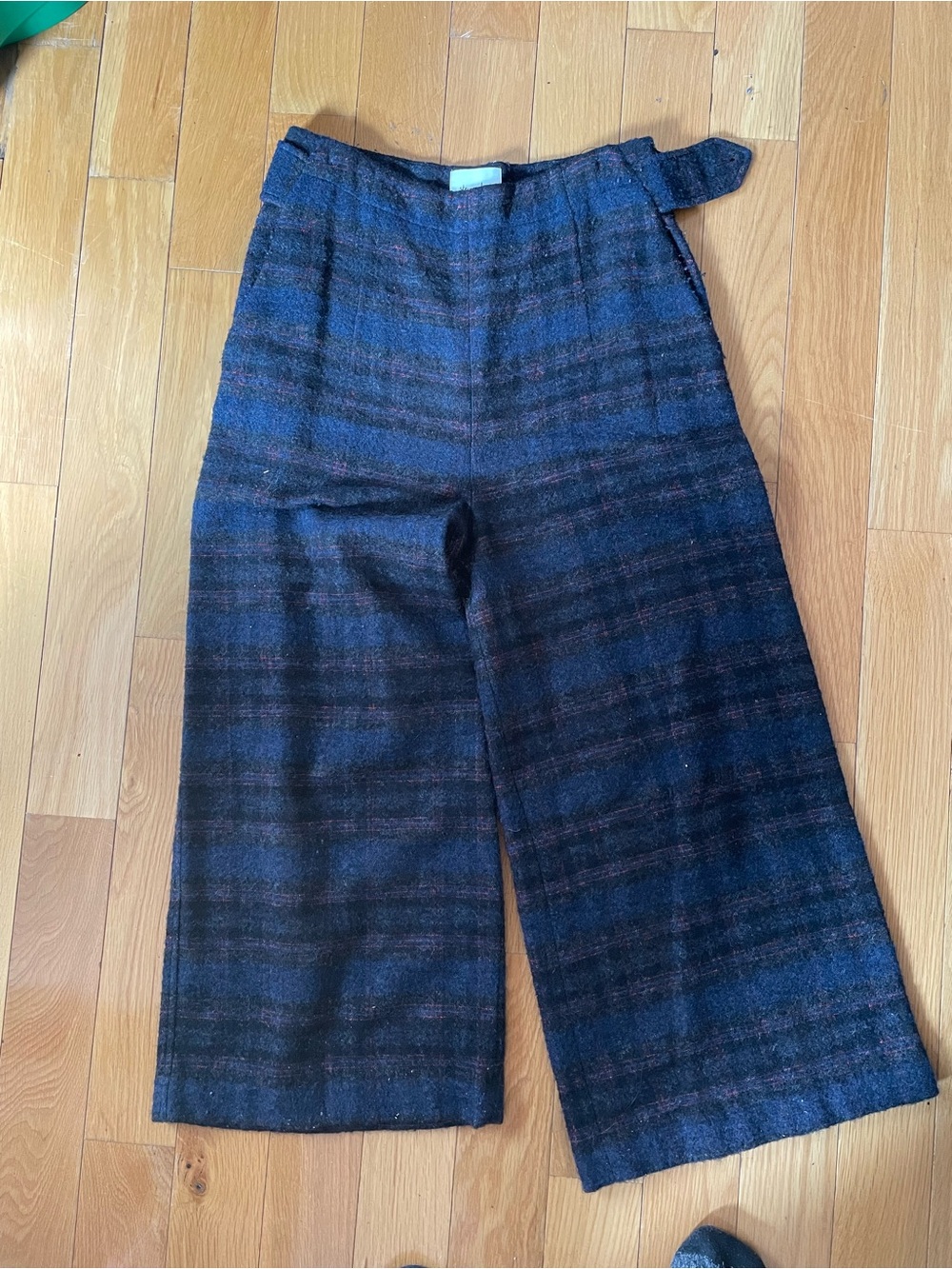 Steven Alan Dark Blue Plaid Wide-Leg Wool Pants